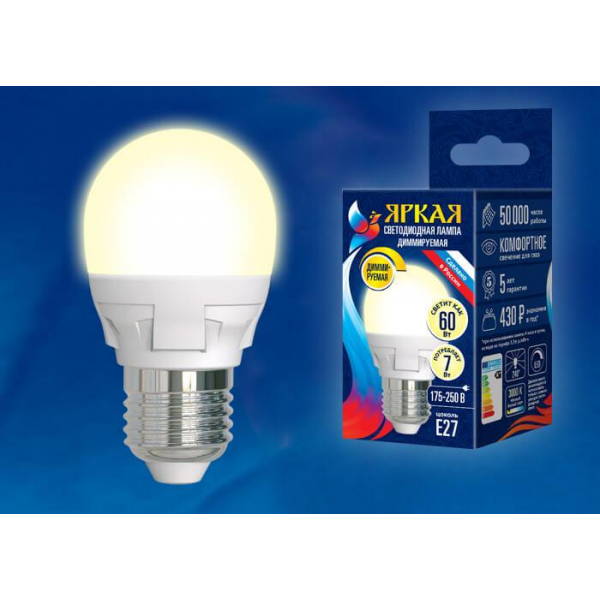 Лампа светодиодная диммируемая Uniel E27 7W 3000K матовая LED-G45 7W/3000K/E27/FR/DIM PLP01WH UL-00004303 Лампа светодиодная диммируемая Uniel E27 7W 3000K матовая LED-G45 7W/3000K/E27/FR/DIM PLP01WH UL-00004303