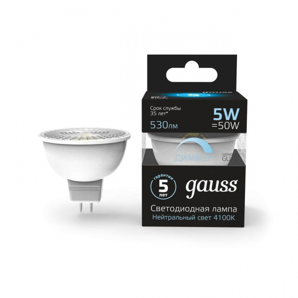 Лампа светодиодная диммируемая Gauss GU10 5W 4100K матовая 101506205-D Лампа светодиодная диммируемая Gauss GU10 5W 4100K матовая 101506205-D