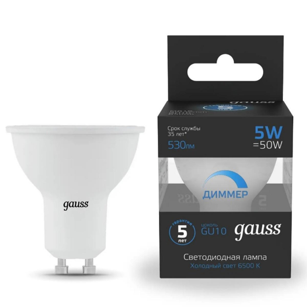 Лампа cветодиодная диммируемая Gauss GU10 5W 6500K прозрачная 101506305-D Лампа cветодиодная диммируемая Gauss GU10 5W 6500K прозрачная 101506305-D