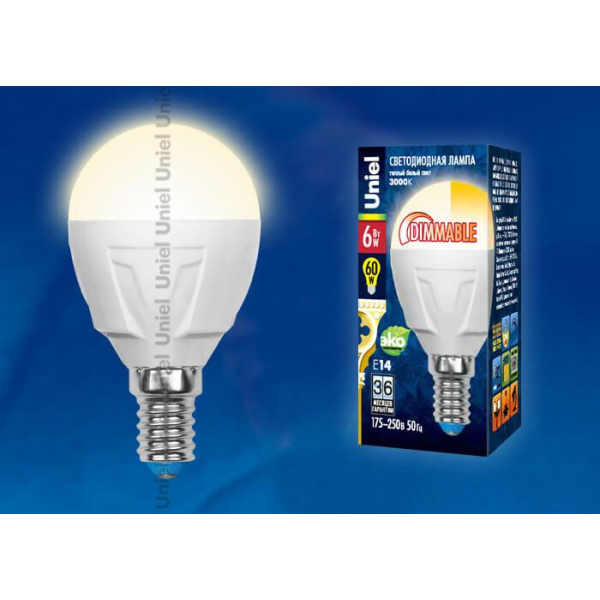 Лампа светодиодная диммируемая Uniel E14 6W 3000K матовая LED-G45-6W/WW/E14/FR/DIM PLP01WH UL-00000694 Лампа светодиодная диммируемая Uniel E14 6W 3000K матовая LED-G45-6W/WW/E14/FR/DIM PLP01WH UL-00000694