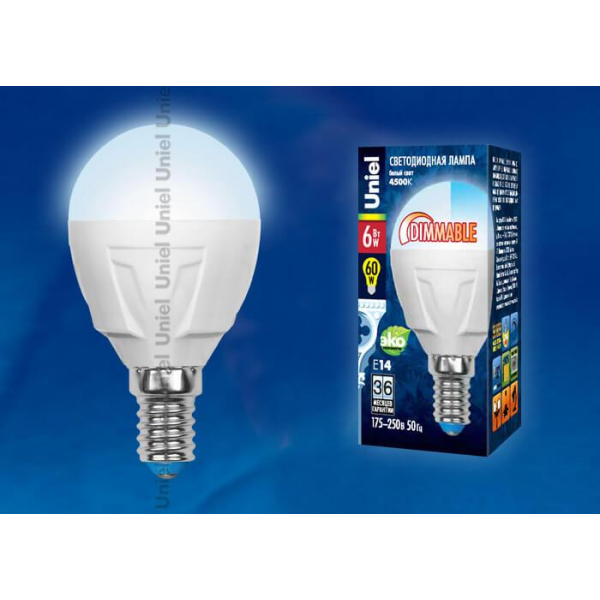 Лампа светодиодная диммируемая Uniel E14 6W 4500K матовая LED-G45-6W/NW/E14/FR/DIM PLP01WH UL-00000692 Лампа светодиодная диммируемая Uniel E14 6W 4500K матовая LED-G45-6W/NW/E14/FR/DIM PLP01WH UL-00000692