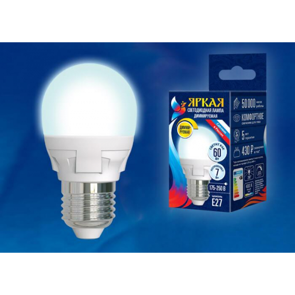 Лампа светодиодная диммируемая Uniel E27 7W 4000K матовая LED-G45 7W/4000K/E27/FR/DIM PLP01WH UL-00004301 Лампа светодиодная диммируемая Uniel E27 7W 4000K матовая LED-G45 7W/4000K/E27/FR/DIM PLP01WH UL-00004301