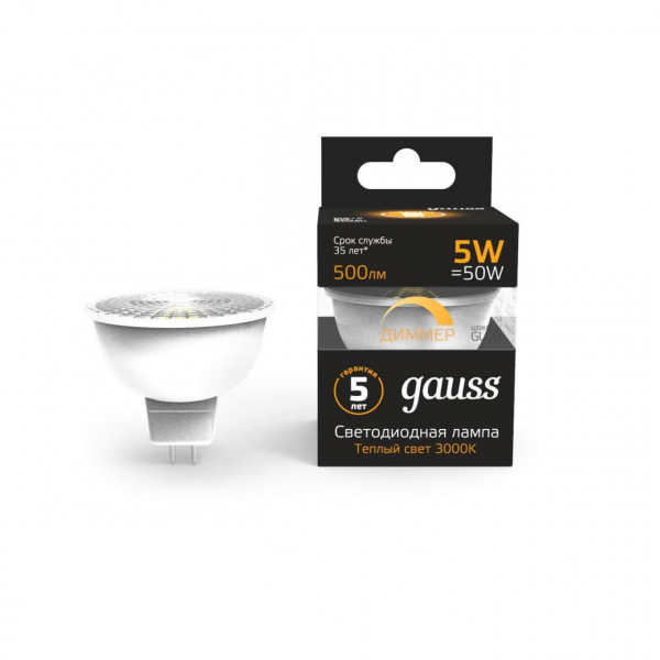 Лампа светодиодная диммируемая Gauss GU10 5W 3000K матовая 101506105-D Лампа светодиодная диммируемая Gauss GU10 5W 3000K матовая 101506105-D