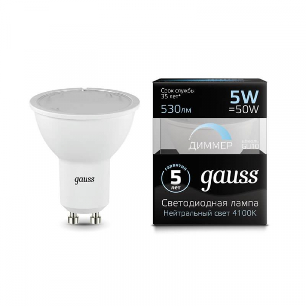 Лампа светодиодная диммируемая Gauss GU10 5W 4100K матовая 101506205-D Лампа светодиодная диммируемая Gauss GU10 5W 4100K матовая 101506205-D