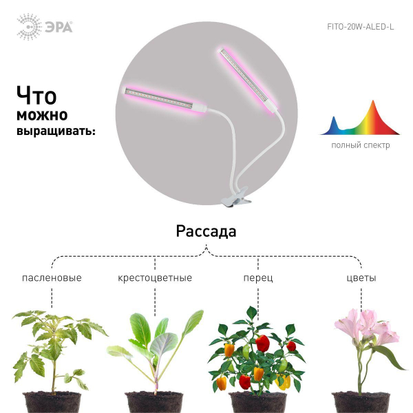 Светодиодный светильник для растений ЭРА Fito-20W-Аled-L Б0049550 Светодиодный светильник для растений ЭРА Fito-20W-Аled-L Б0049550