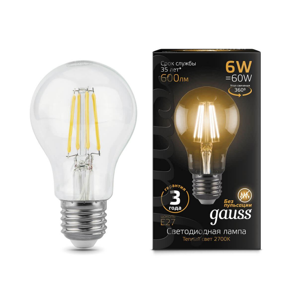 Лампа светодиодная филаментная Gauss E27 6W 2700К прозрачная 1/10/50 102802106 Лампа светодиодная филаментная Gauss E27 6W 2700К прозрачная 1/10/50 102802106