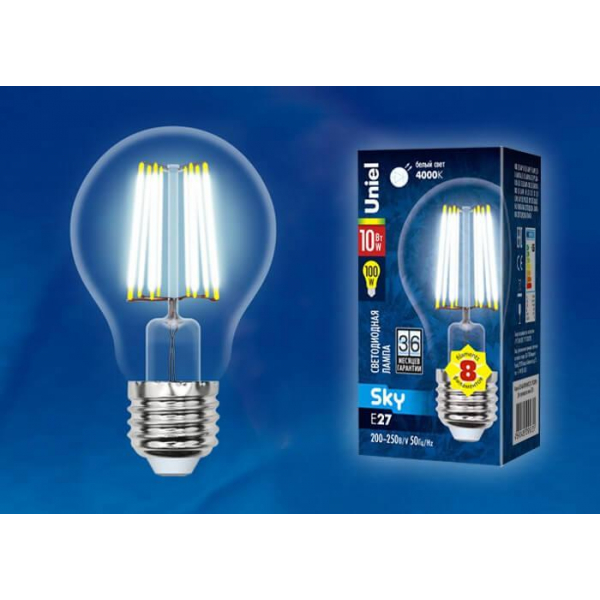 Лампа светодиодная филаментная Uniel E27 10W 4000K прозрачная LED-A60-10W/NW/E27/CL PLS02WH UL-00002626 Лампа светодиодная филаментная Uniel E27 10W 4000K прозрачная LED-A60-10W/NW/E27/CL PLS02WH UL-00002626
