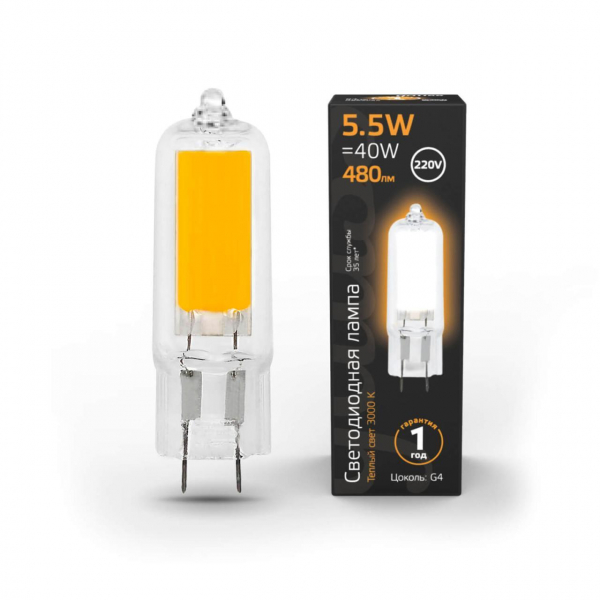 Лампа светодиодная Gauss G4 5.5W 3000K прозрачная 107807105 Лампа светодиодная Gauss G4 5.5W 3000K прозрачная 107807105