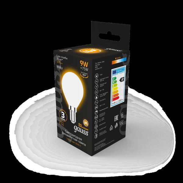 Лампа светодиодная филаментная Gauss E14 9W 3000К матовая 105201109