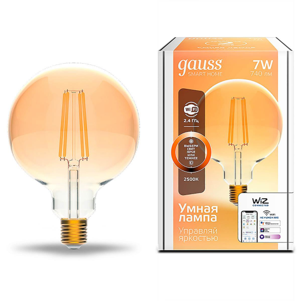 Лампа светодиодная диммируемая филаментная Gauss Smart Home Filament E27 7W 2500K золотистая 1320112 Лампа светодиодная диммируемая филаментная Gauss Smart Home Filament E27 7W 2500K золотистая 1320112