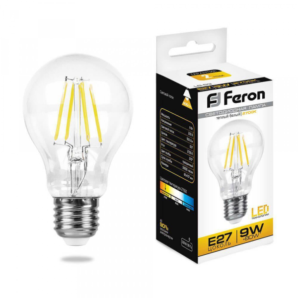 Лампа светодиодная филаментная Feron E27 9W 2700K Шар Прозрачная LB-63 25631 Лампа светодиодная филаментная Feron E27 9W 2700K Шар Прозрачная LB-63 25631