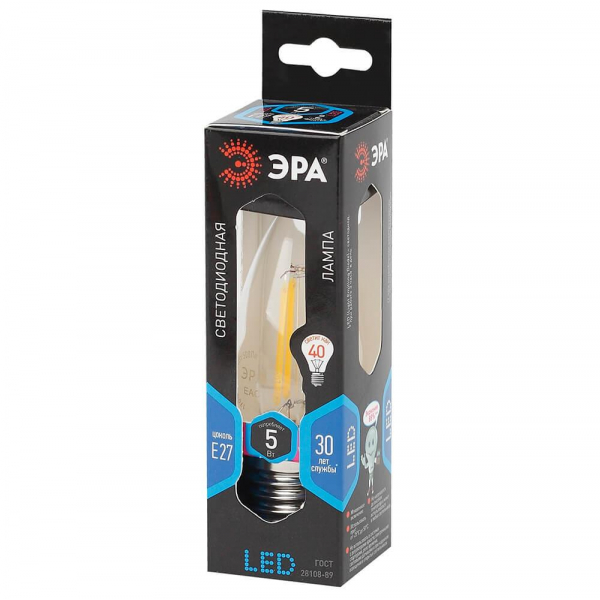 Лампа светодиодная филаментная ЭРА E27 5W 4000K прозрачная F-LED B35-5W-840-E27 Б0027934 Лампа светодиодная филаментная ЭРА E27 5W 4000K прозрачная F-LED B35-5W-840-E27 Б0027934