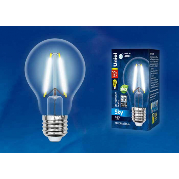 Лампа светодиодная филаментная Uniel E27 12W 4000K прозрачная LED-A60-12W/4000K/E27/CL PLS02WH UL-00004867 Лампа светодиодная филаментная Uniel E27 12W 4000K прозрачная LED-A60-12W/4000K/E27/CL PLS02WH UL-00004867