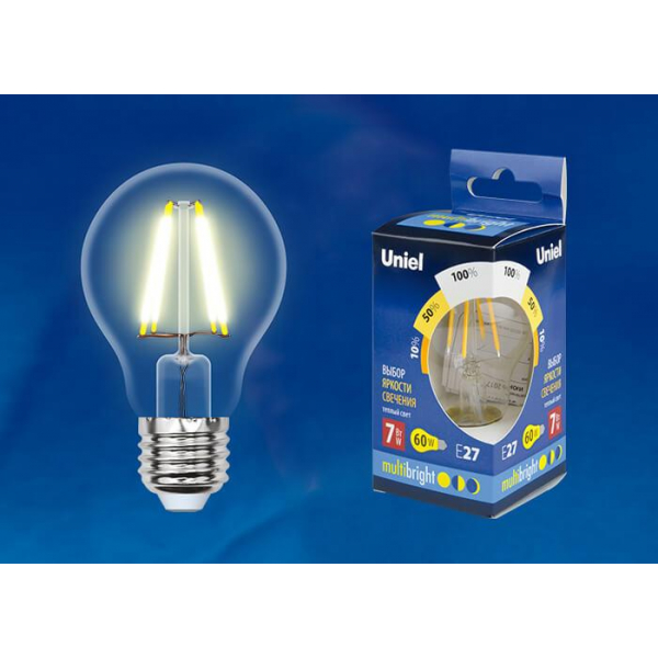 Лампа светодиодная филаментная Uniel E27 7W 3000K прозрачная LED-A60-7W/WW/E27/CL/MB GLM10TR UL-00002366 Лампа светодиодная филаментная Uniel E27 7W 3000K прозрачная LED-A60-7W/WW/E27/CL/MB GLM10TR UL-00002366