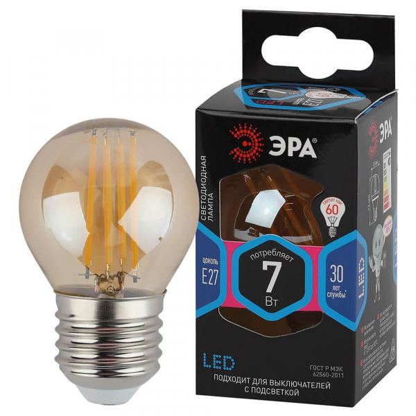 Лампа светодиодная филаментная ЭРА E27 7W 4000K золотая F-LED P45-7W-840-E27 gold Б0047019 Лампа светодиодная филаментная ЭРА E27 7W 4000K золотая F-LED P45-7W-840-E27 gold Б0047019