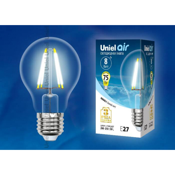 Лампа светодиодная филаментная Uniel E27 8W 4000K прозрачная LED-A60-8W/NW/E27/CL GLA01TR UL-00002212 Лампа светодиодная филаментная Uniel E27 8W 4000K прозрачная LED-A60-8W/NW/E27/CL GLA01TR UL-00002212