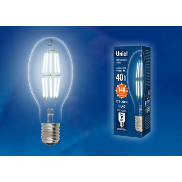Лампа светодиодная филаментная Uniel E40 40W 6500K прозрачная LED-ED90-40W/DW/E40/CL GLP05TR UL-00003763