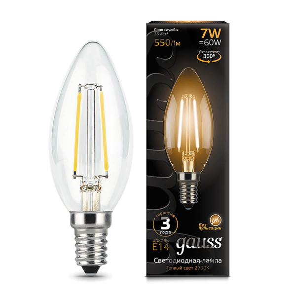 Лампа светодиодная филаментная Gauss E14 7W 2700К прозрачная 103801107 Лампа светодиодная филаментная Gauss E14 7W 2700К прозрачная 103801107