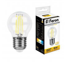 Лампа светодиодная филаментная Feron E27 5W 2700K Шар Прозрачная LB-61 25581