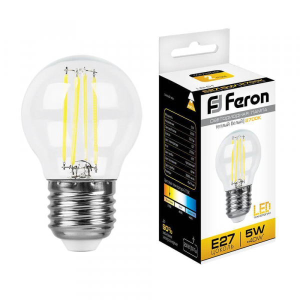 Лампа светодиодная филаментная Feron E27 5W 2700K Шар Прозрачная LB-61 25581 Лампа светодиодная филаментная Feron E27 5W 2700K Шар Прозрачная LB-61 25581