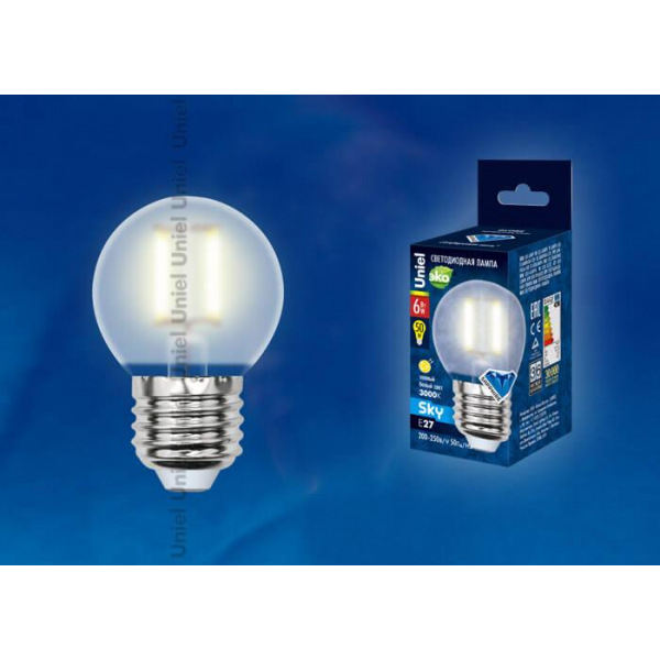 Лампа светодиодная филаментная Uniel Е27 6W 3000K матовая LED-G45-6W/WW/E27/FR PLS02WH UL-00000302 Лампа светодиодная филаментная Uniel Е27 6W 3000K матовая LED-G45-6W/WW/E27/FR PLS02WH UL-00000302