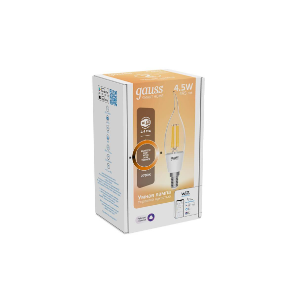 Лампа светодиодная диммируемая филаментная Gauss Smart Home Filament E14 4,5W 2700K прозрачная 1260112 Лампа светодиодная диммируемая филаментная Gauss Smart Home Filament E14 4,5W 2700K прозрачная 1260112