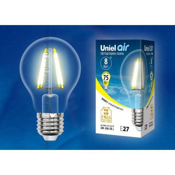Лампа светодиодная филаментная Uniel E27 8W 3000K прозрачная LED-A60-8W/WW/E27/CL GLA01TR UL-00002210 Лампа светодиодная филаментная Uniel E27 8W 3000K прозрачная LED-A60-8W/WW/E27/CL GLA01TR UL-00002210