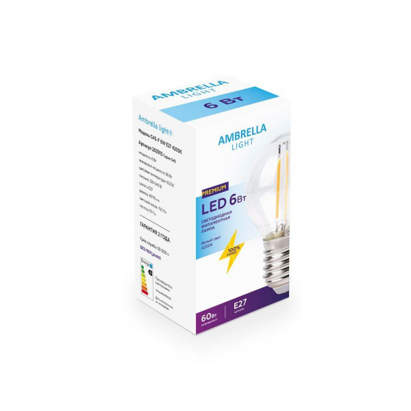 Лампа светодиодная филаментная Ambrella light E27 6W 4200K прозрачная 203915 Лампа светодиодная филаментная Ambrella light E27 6W 4200K прозрачная 203915