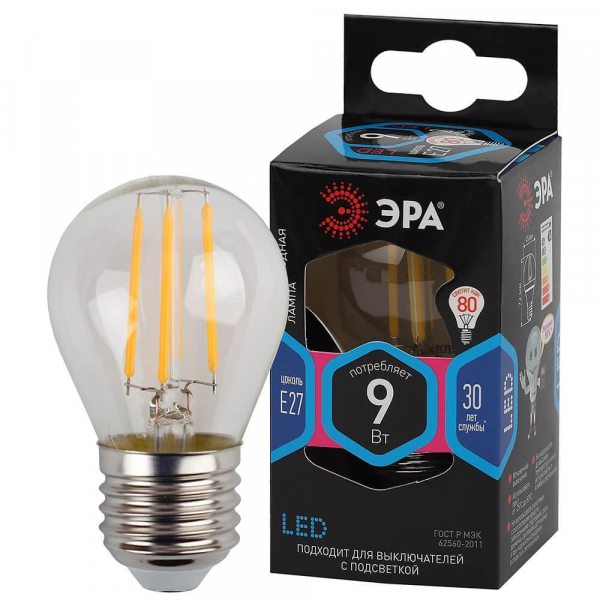 Лампа светодиодная филаментная ЭРА E27 9W 4000K прозрачная F-LED P45-9w-840-E27 Б0047029 Лампа светодиодная филаментная ЭРА E27 9W 4000K прозрачная F-LED P45-9w-840-E27 Б0047029