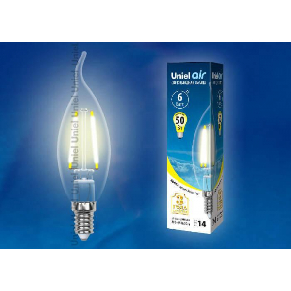 Лампа светодиодная филаментная Uniel E14 6W 3000K прозрачная LED-CW35-6W/WW/E14/CL GLA01TR UL-00002199