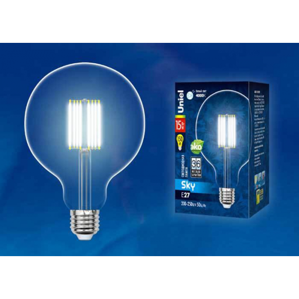 Лампа светодиодная филаментная Uniel E27 15W 4000K прозрачная LED-G125-15W/4000K/E27/CL PLS02WH UL-00004861 Лампа светодиодная филаментная Uniel E27 15W 4000K прозрачная LED-G125-15W/4000K/E27/CL PLS02WH UL-00004861