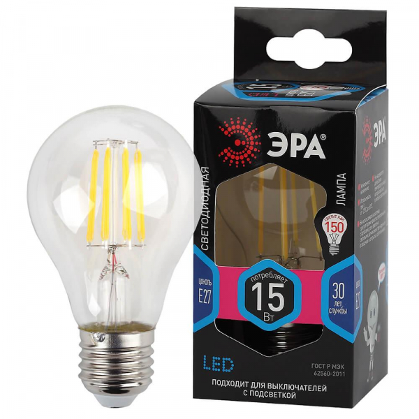 Лампа светодиодная филаментная ЭРА E27 15W 4000K прозрачная F-LED A60-15W-840-E27 Б0046983 Лампа светодиодная филаментная ЭРА E27 15W 4000K прозрачная F-LED A60-15W-840-E27 Б0046983