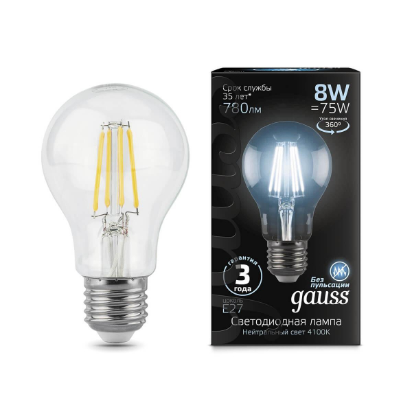 Лампа светодиодная филаментная Gauss E27 8W 4100К прозрачная 102802208 Лампа светодиодная филаментная Gauss E27 8W 4100К прозрачная 102802208