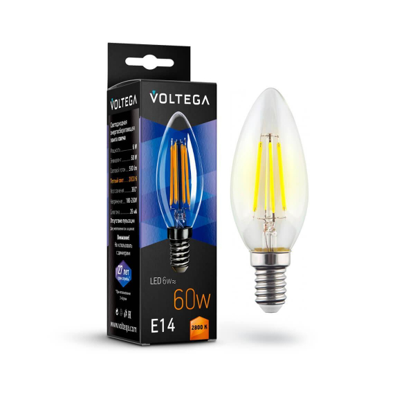 Лампа светодиодная филаментная Voltega E14 6W 2800К прозрачная VG10-C1E14warm6W-F 7019 Лампа светодиодная филаментная Voltega E14 6W 2800К прозрачная VG10-C1E14warm6W-F 7019