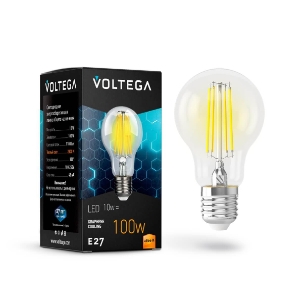 Лампа светодиодная филаментная Voltega E27 10W 2800К прозрачная VG10-А1E27warm10W-F 7102 Лампа светодиодная филаментная Voltega E27 10W 2800К прозрачная VG10-А1E27warm10W-F 7102