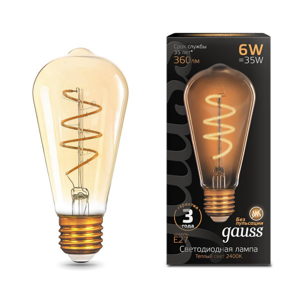 Лампа светодиодная филаментная Gauss E27 6W 2400K золотая 157802006 Лампа светодиодная филаментная Gauss E27 6W 2400K золотая 157802006