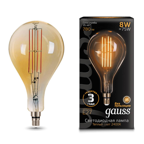 Лампа светодиодная филаментная Gauss E27 8W 2400K золотая 149802008 Лампа светодиодная филаментная Gauss E27 8W 2400K золотая 149802008