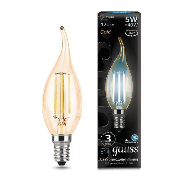 Лампа светодиодная филаментная Gauss E14 5W 4100K золотая 104801805 Лампа светодиодная филаментная Gauss E14 5W 4100K золотая 104801805