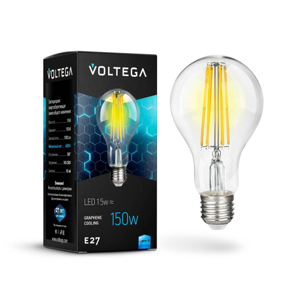 Лампа светодиодная филаментная Voltega E27 15W 4000К прозрачная VG10-A1E27cold15W-F 7103 Лампа светодиодная филаментная Voltega E27 15W 4000К прозрачная VG10-A1E27cold15W-F 7103