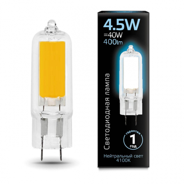Лампа светодиодная Gauss G4 4.5W 4100K прозрачная 107807204 Лампа светодиодная Gauss G4 4.5W 4100K прозрачная 107807204