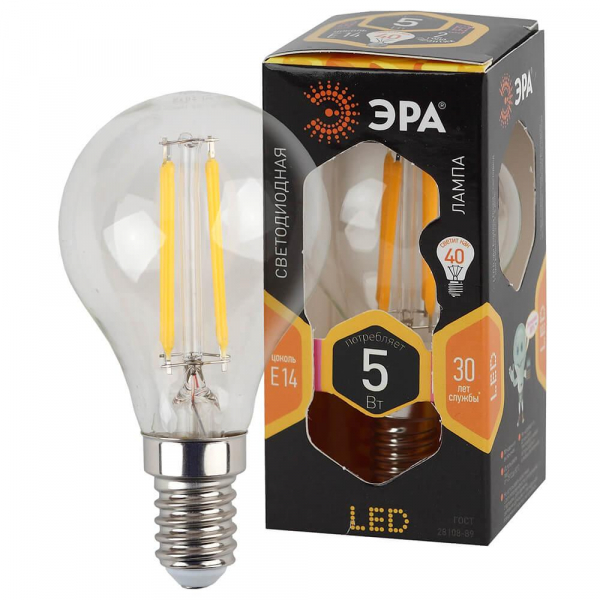 Лампа светодиодная филаментная ЭРА E14 5W 2700K прозрачная F-LED P45-5W-827-E14 Б0043437 Лампа светодиодная филаментная ЭРА E14 5W 2700K прозрачная F-LED P45-5W-827-E14 Б0043437