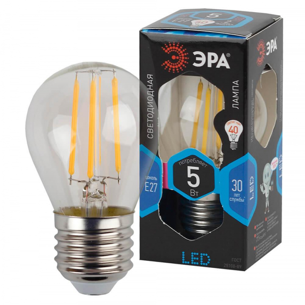 Лампа светодиодная филаментная ЭРА E27 5W 4000K прозрачная F-LED P45-5W-840-E27 Б0039191 Лампа светодиодная филаментная ЭРА E27 5W 4000K прозрачная F-LED P45-5W-840-E27 Б0039191