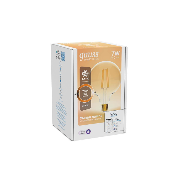 Лампа светодиодная диммируемая филаментная Gauss Smart Home Filament E27 7W 2500K золотистая 1320112 Лампа светодиодная диммируемая филаментная Gauss Smart Home Filament E27 7W 2500K золотистая 1320112