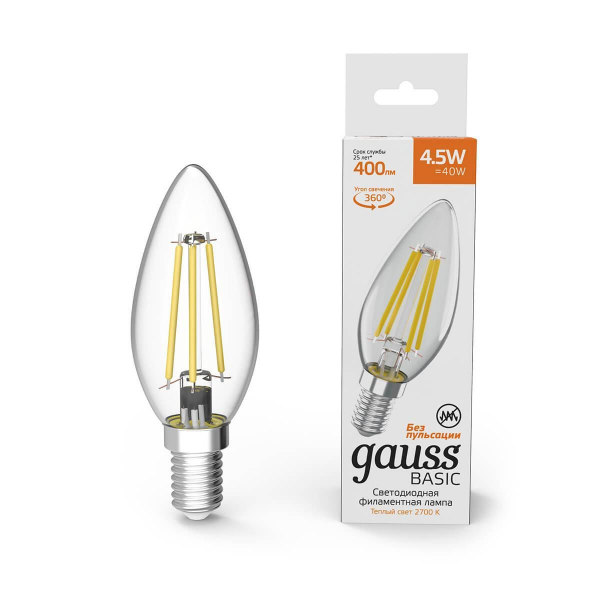 Лампа светодиодная филаментная Gauss E14 4,5W 2700К прозрачная 1031115 Лампа светодиодная филаментная Gauss E14 4,5W 2700К прозрачная 1031115