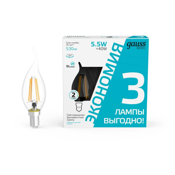 Лампа cветодиодная Gauss E14 5,5W 4100K прозрачная 3 шт. 1041126T Лампа cветодиодная Gauss E14 5,5W 4100K прозрачная 3 шт. 1041126T