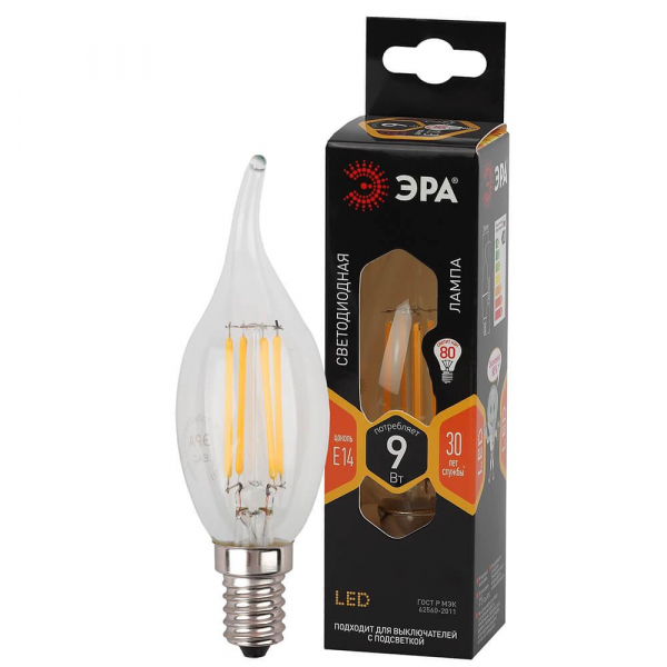 Лампа светодиодная филаментная ЭРА E14 9W 2700K прозрачная F-LED BXS-9W-827-E14 Б0047003 Лампа светодиодная филаментная ЭРА E14 9W 2700K прозрачная F-LED BXS-9W-827-E14 Б0047003