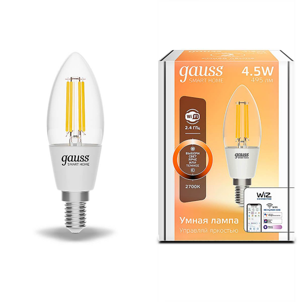 Лампа светодиодная диммируемая филаментная Gauss Smart Home Filament E14 4,5W 2700K прозрачная 1230112 Лампа светодиодная диммируемая филаментная Gauss Smart Home Filament E14 4,5W 2700K прозрачная 1230112
