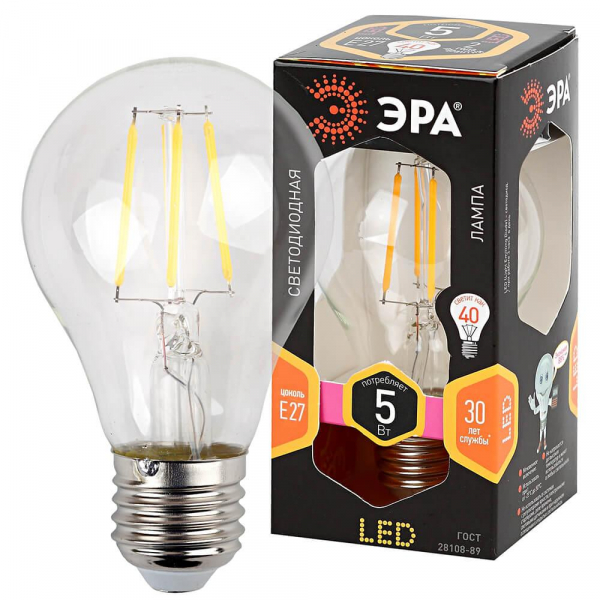 Лампа светодиодная филаментная ЭРА E27 5W 2700K прозрачная F-LED A60-5W-827-E27 Б0019010 Лампа светодиодная филаментная ЭРА E27 5W 2700K прозрачная F-LED A60-5W-827-E27 Б0019010