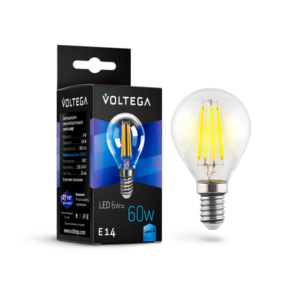 Лампа светодиодная филаментная Voltega E14 6W 4000К прозрачная VG10-G1E14cold6W-F 7022 Лампа светодиодная филаментная Voltega E14 6W 4000К прозрачная VG10-G1E14cold6W-F 7022