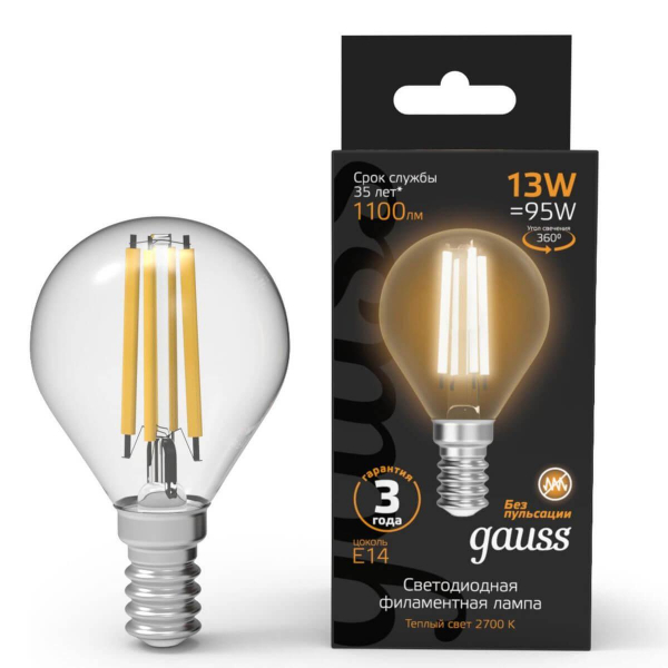 Лампа светодиодная филаментная Gauss E14 13W 2700K прозрачная 105801113 Лампа светодиодная филаментная Gauss E14 13W 2700K прозрачная 105801113